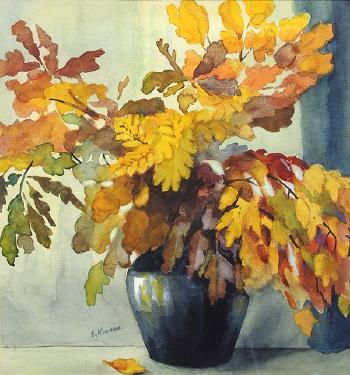 Still Life of Fall Foliage in Black Vase by 
																			Elizabeth Nourse
