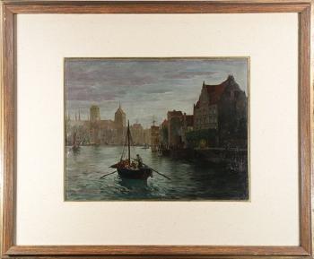 City River Scene with Figures and Boats by 
																	Hans Laasner