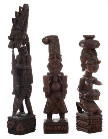 Female fertility figure; Musician playing a horn; Musician with beard and elaborate headdress playing percussion instruments by 
																			Lamidi Fakeye