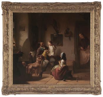 Family Scene, father with puppet playing with a toddler by 
																			Pancraz Koerle