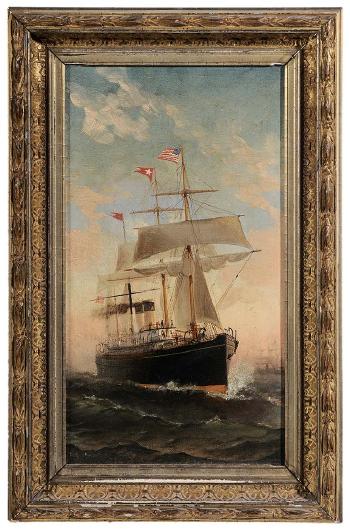 White Star Line's Oceanic; Cunard Line's Aurania by 
																			Fred Pansing