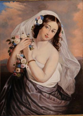 Young Beauty with a Garland of Flowers by 
																			Istvan Szkicsak