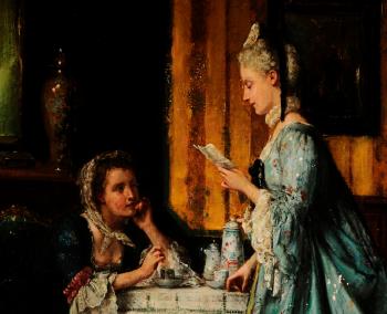 Les deux amies, two friends at tea with one reading a letter by 
																			Jean Carolus