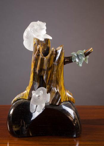 Forest play, depicting bear cubs and a tree stump, of Quartz Crystal, Tiger-Eye, and Agate Obsidian by 
																			Lyle Sopel