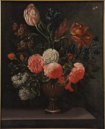 Still life with vase of flowers in the Dutch style by 
																			Johann Wilhelm David Bantelmann
