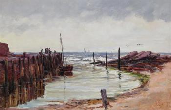 Fishermen on a harbour by 
																	John C Syer