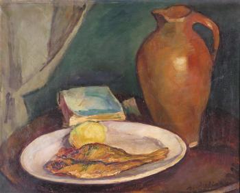 Still life of fish on a plate and a large jug by 
																	Alexandre Auffray
