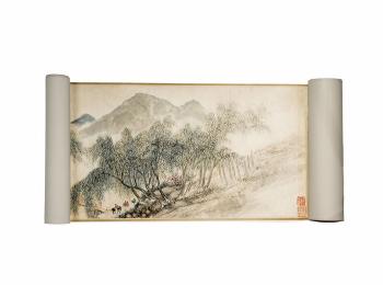 Small figures beside a red bridge bidding farewell to friends, with a fishing boat in a river landscape by 
																			 Wu Dongfa