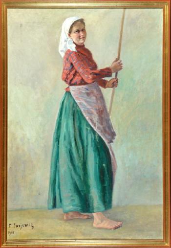 Portrait einer barfüßigen Bäuerin by 
																	Franciszek Jurjewicz