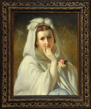 Portrait einer eleganten Dame mit Rose im weißen Umhang by 
																	Ludwig Neustatter