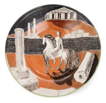 Grand plat circulaire creux, décor d'un cavalier sur fond de ruines antiques by 
																	Ljuba Naumovitch