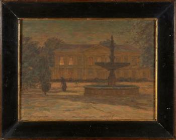 Fontaine devant une villa éclairée by 
																			Henri Aime Duhem