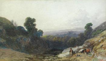 A herdsman with cattle and a sheepdog preparing to cross a river by 
																			Bradford Rudge