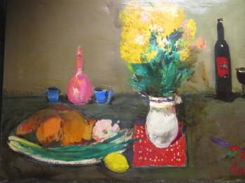 Still life of flowers and a bottle of wine by 
																			Alexei Lantsev