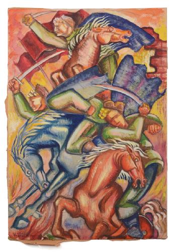 3 Figures on Horseback Brandishing Swords by 
																			Vladimir Yoffe