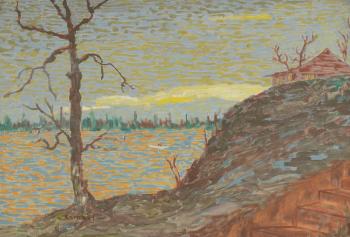 Pontillist Lakeside Landscape with House on a Hill by 
																			Frederick Remahl