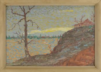Pontillist Lakeside Landscape with House on a Hill by 
																			Frederick Remahl