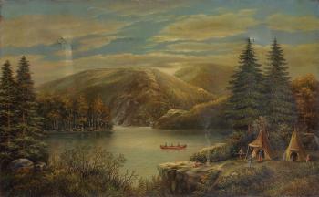 Lakeside landscape scene with Indian camp and figures in canoe by 
																			Albert Nemethy