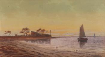 Harbor scene at dawn by 
																			George E Essig