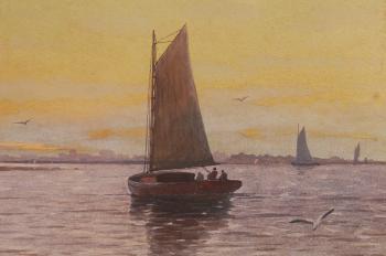 Harbor scene at dawn by 
																			George E Essig
