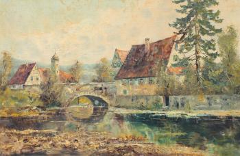 River Scene with Stone Bridge by 
																			Joseph Fruhmesser