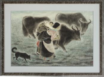 Chinese Mother Carrying Young Son on Her Back Escorted by Her Dog with Water Buffalo by 
																			 Yang Yijun