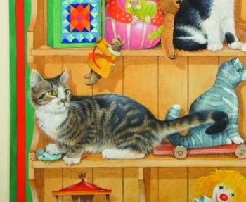 A kitchen dresser, with cats curiously looking around, surrounded by children's toys by 
																			Leslie Anne Ivory