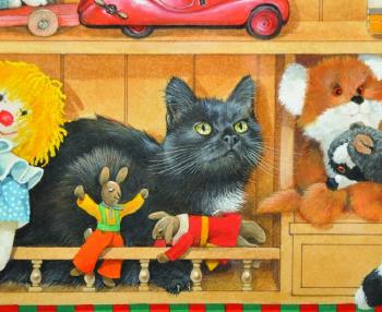 A kitchen dresser, with cats curiously looking around, surrounded by children's toys by 
																			Leslie Anne Ivory
