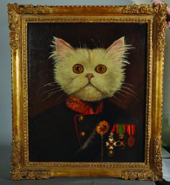 An anthropomorphic portrait, of a cat dressed in military uniform by 
																			Karel Jongelinghs