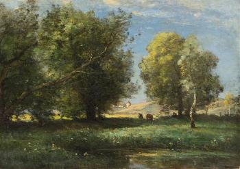 Cattle in Sunny Meadow by 
																	Achille Oudinot