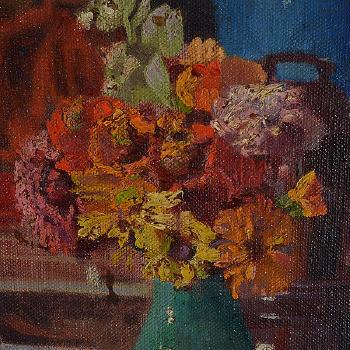 Still life with flowers and fruit by 
																			Hermine Panesch