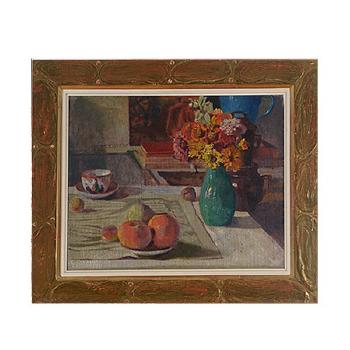 Still life with flowers and fruit by 
																			Hermine Panesch