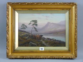 Scottish scene of Loch Long with group of Highland Cattle by a tree by 
																	Albert Dunington