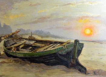 Beached boat at sunset by 
																	Henri Ottevaere