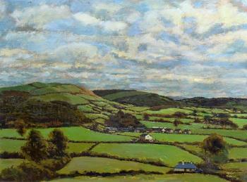 Expansive landscape in Ceredigion with houses and farms by 
																	Hywel Harries