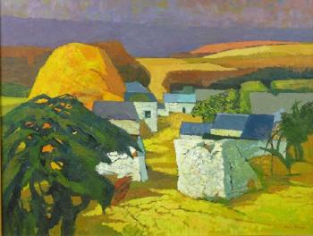 Rolling landscape with whitewashed buildings and haystack by 
																	John Elwyn