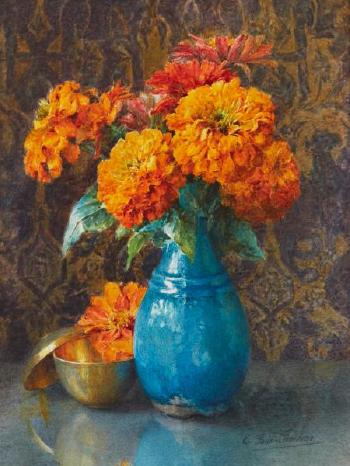 Bouquet de fleurs au vase bleu by 
																	Eugenie-Juliette Faux-Froidure