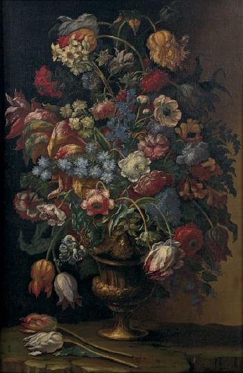 Bouquet de fleurs dans un vase de bronze posé sur un entablement by 
																	Karel van Vogelaer