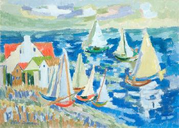 Sailboats in a modernist harbor scene by 
																			Adele Lemm