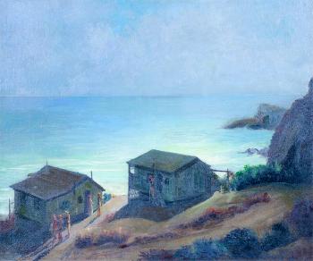 Beach houses with figures by 
																			Alfred J Dewey