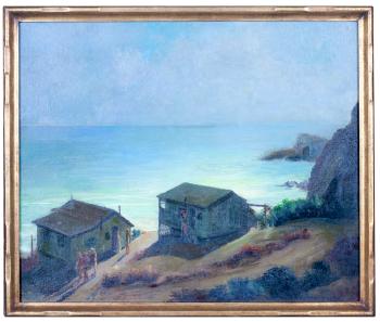 Beach houses with figures by 
																			Alfred J Dewey