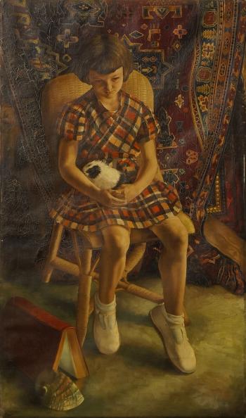 Portrait of a girl seated full-length holding a guinea pig by 
																	Georges Aglave
