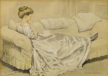 Girl reading lengthwise on a long upholstered seat by 
																	Antony Troncet