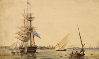Ships moored in Bombay Harbour by 
																	Joseph Sparkhall Rundle