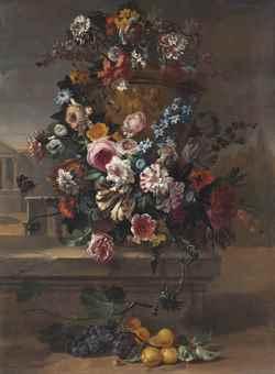 Roses, tulips, peonies, carnations, morning glory, thistle and other flowers with butterflies and a bumblebee, in a sculpted urn on a stone ledge with grapes and apricots, a classical villa beyond by 
																	Egidius Nuemans