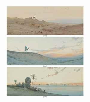A camel rider in the desert; A camel train in the desert; and A desert lookout by 
																	Augustus Osborne Lamplough