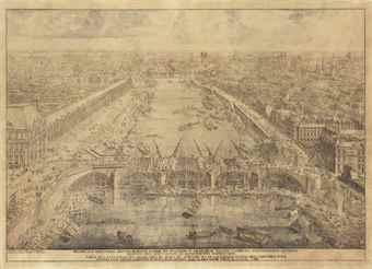 View of the construction of the Pont-Royal, Paris, in 1687 by 
																	Lieven Cruyl