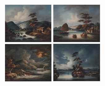 Junk in a river with mountains in the distance; Mountain vista with a stream; Ship in a storm and River in moonlight by 
																	 Youqua