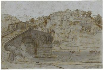 A view of Vicovaro, Italy by 
																	Felix Hippolyte Lanoue