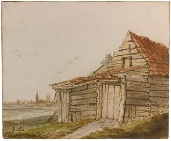 A wooden Barn on the edge of a village, a windmill and Church Spire on the horizon by 
																	Anthonie Erkelens